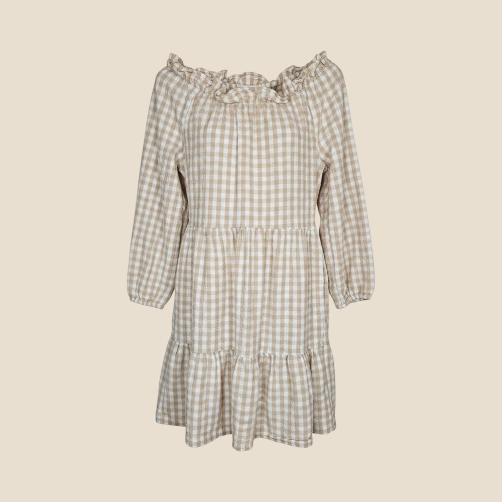 J.Crew Gingham Seersucker Ruffle Tiered Mini Dress 8 Tan White Prairie Cottage
